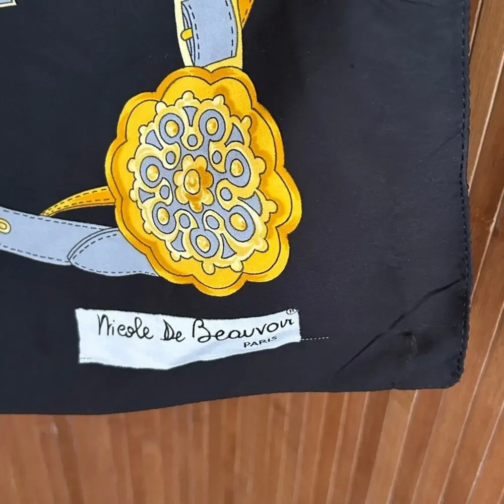 Vintage Nicole De Beauvoir Paris Silk Scarf Black Gold